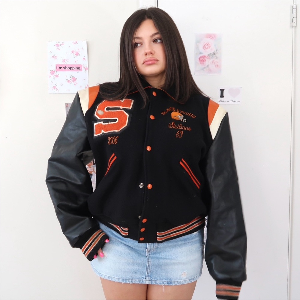 Vintage Black Knights Letterman Jacket Leather Sleeves  Dark Academia Jacket